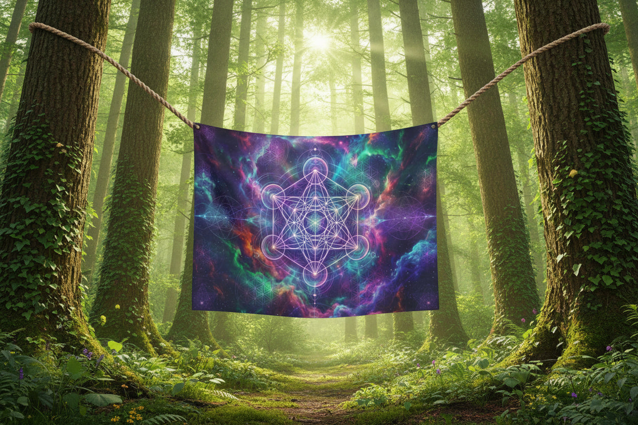 a beautiful tapestry hangs in mid air. it is strung between two trees in a vibrant forest