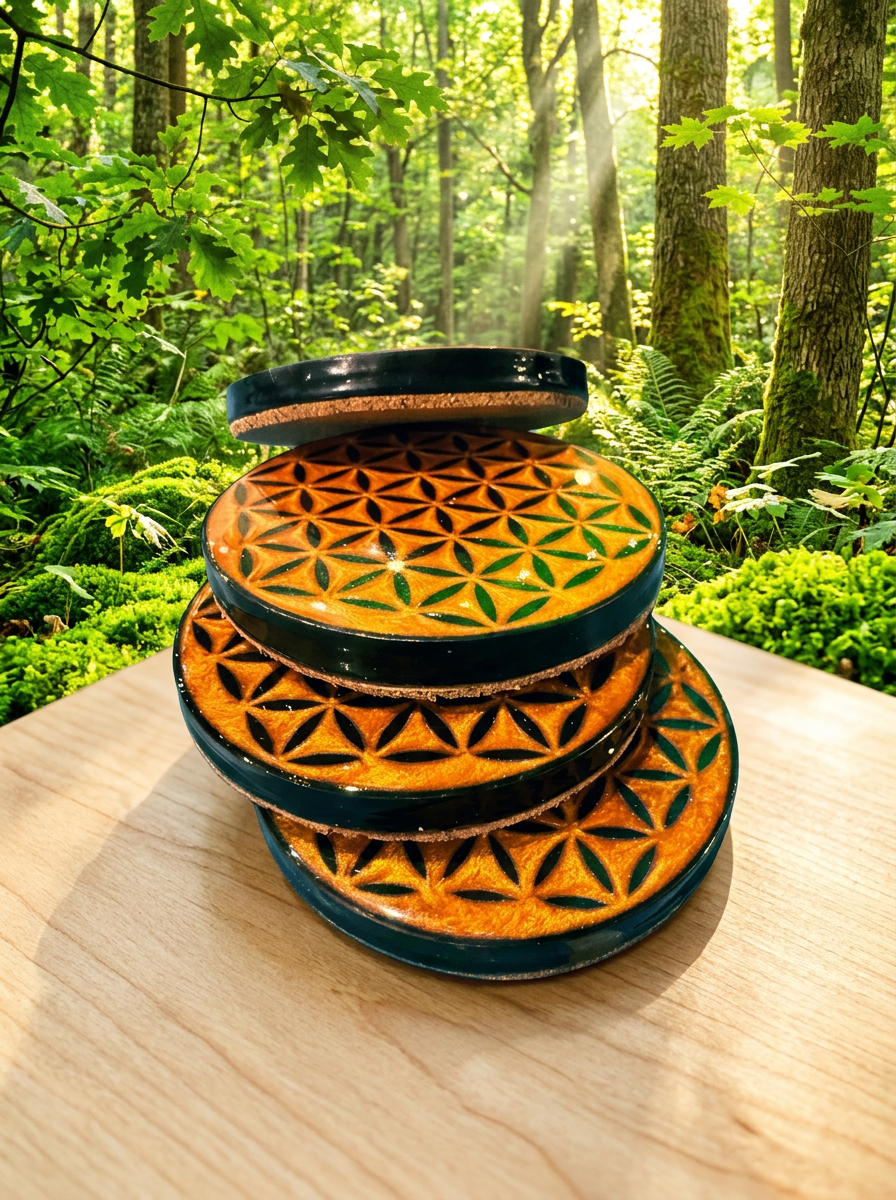 four coasters stacked up to be displayed, they are sitting on a table in the middle of the forest