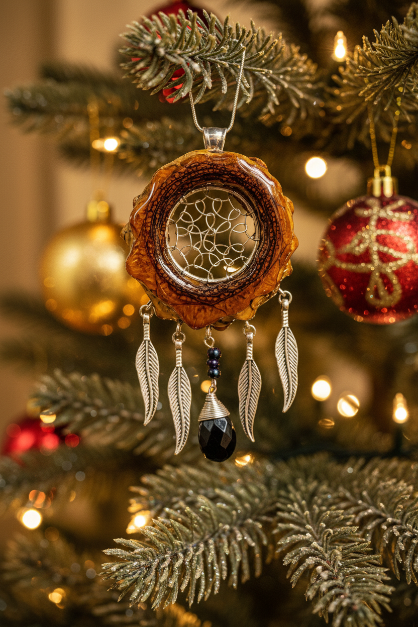 a pendant made out of a pinecone with a resin center and a lotus symbol in the very middle, then surrounding it is a bright and vibrant forest