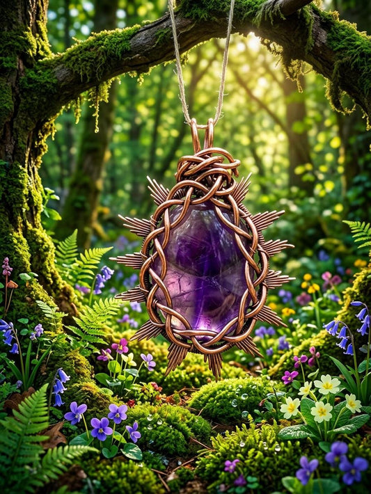 Ember of the Wildlight – Handwoven Copper & Amethyst Pendant, Radiant Nature Inspired Wire Wrapped Necklace