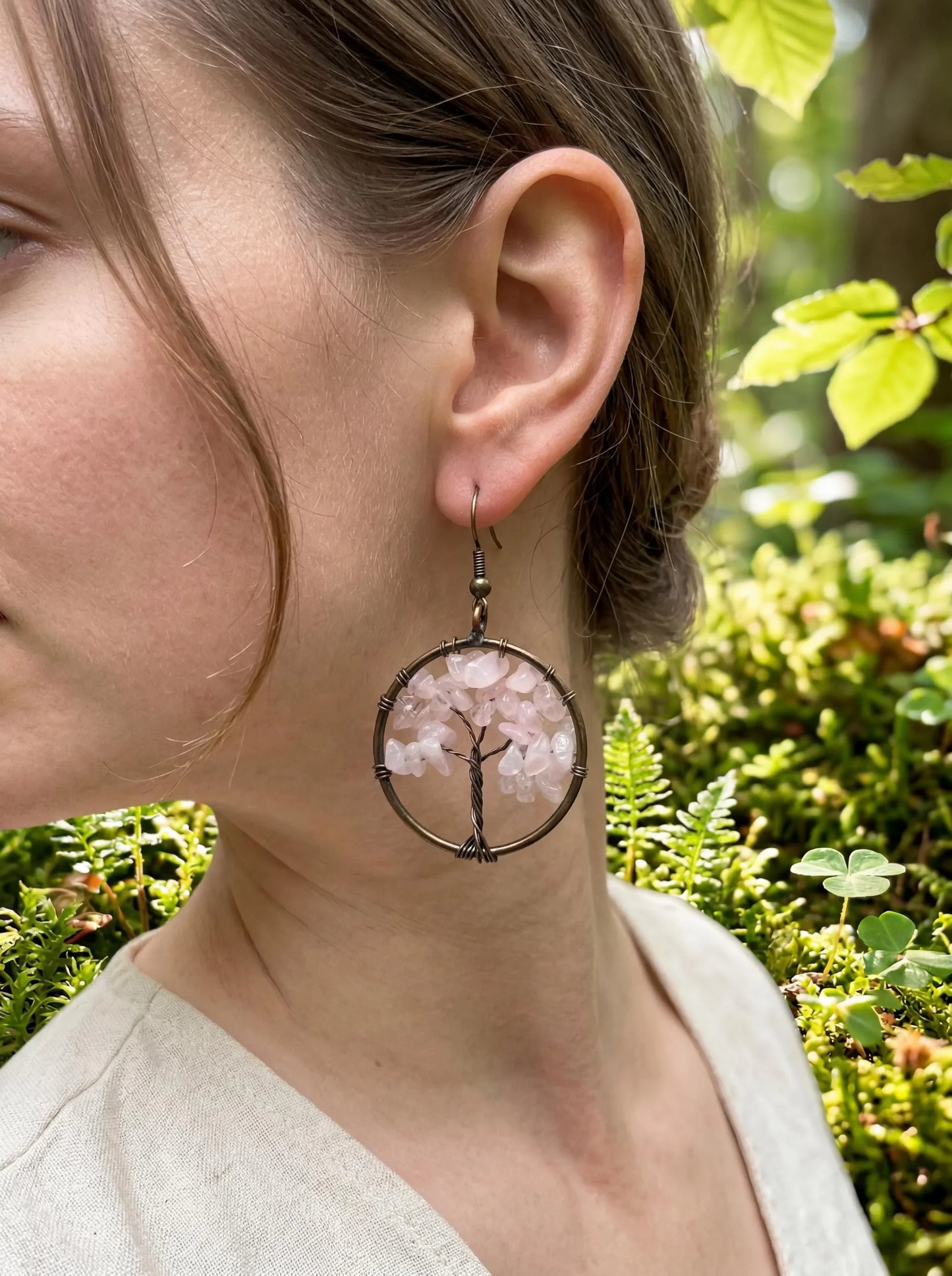 Wire Wrapped Tree of Life Earrings – Rose Quartz Boho Dangle Earrings – Handmade Crystal Jewelry Gift for Her