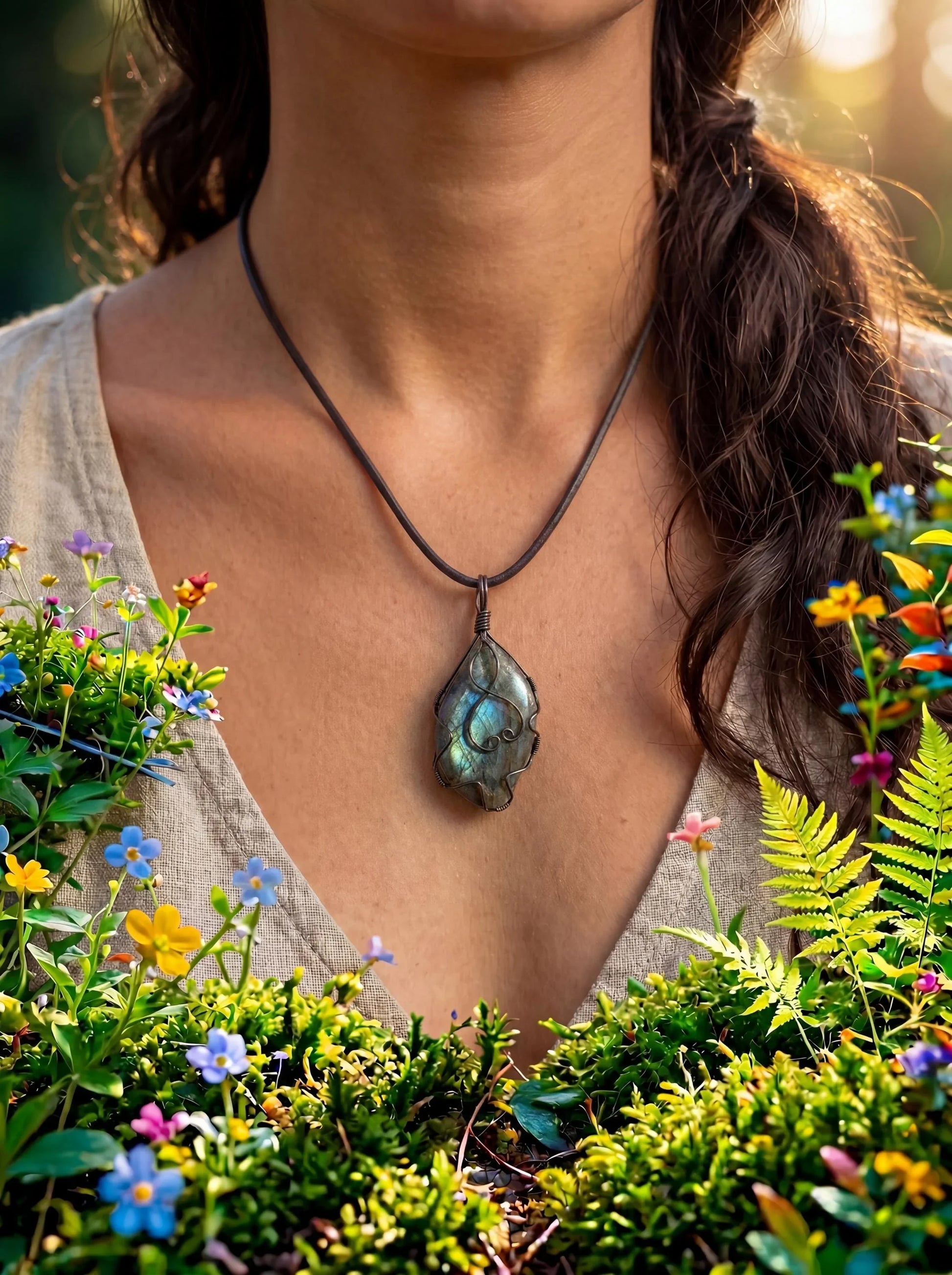 Wire-wrapped labradorite pendant necklace with nature-inspired design, worn amidst wildflowers and greenery.