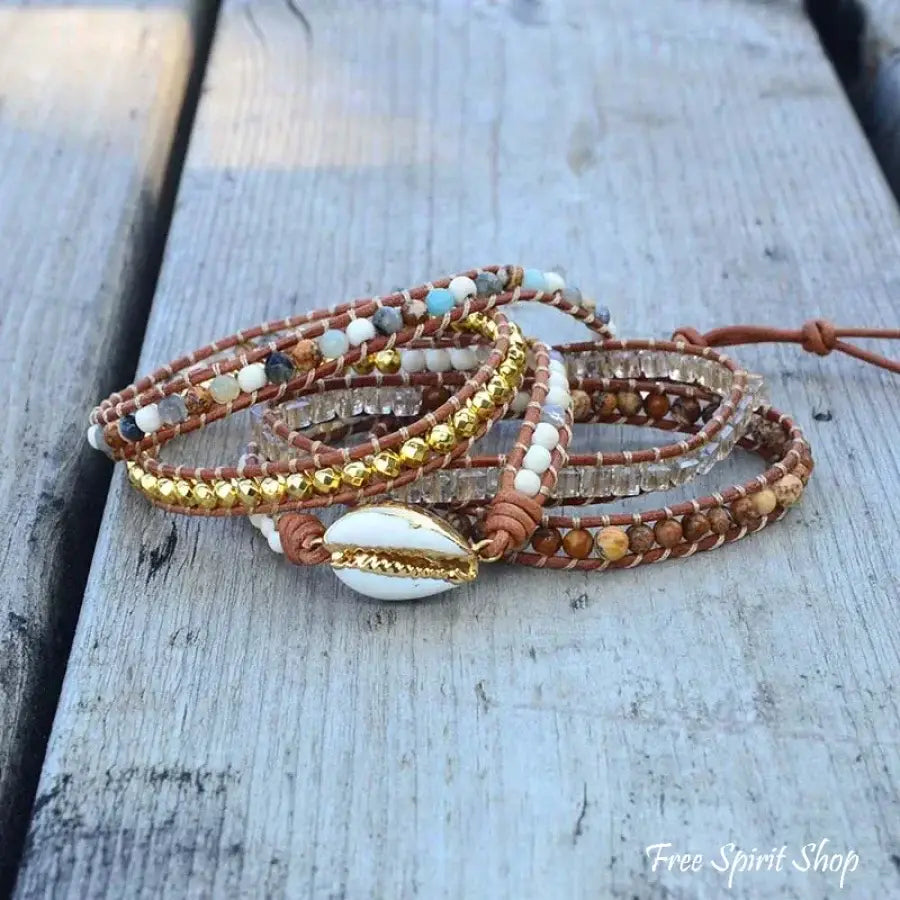 Natural Picture Jasper Stone & Seashell Bead Wrap Bracelet