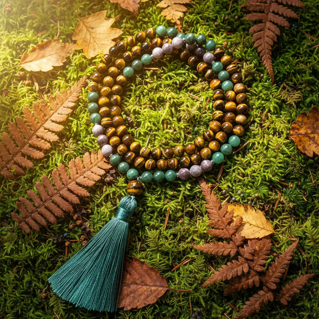 Tiger’s Eye and Green Jade Mala Bead Necklace: Knotted Mala Necklace