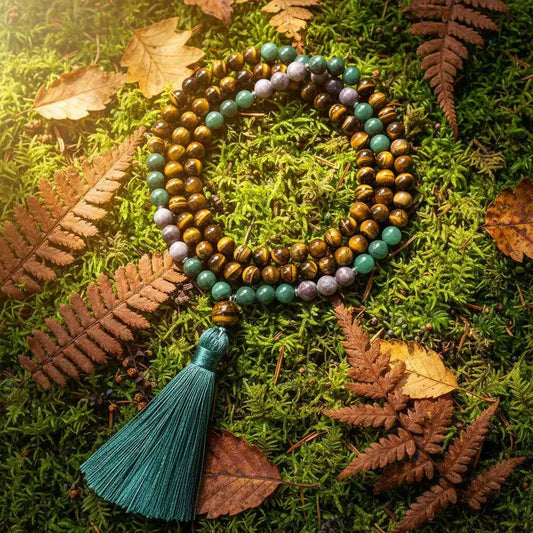 Tiger’s Eye and Green Jade Mala Bead Necklace: Knotted Mala Necklace