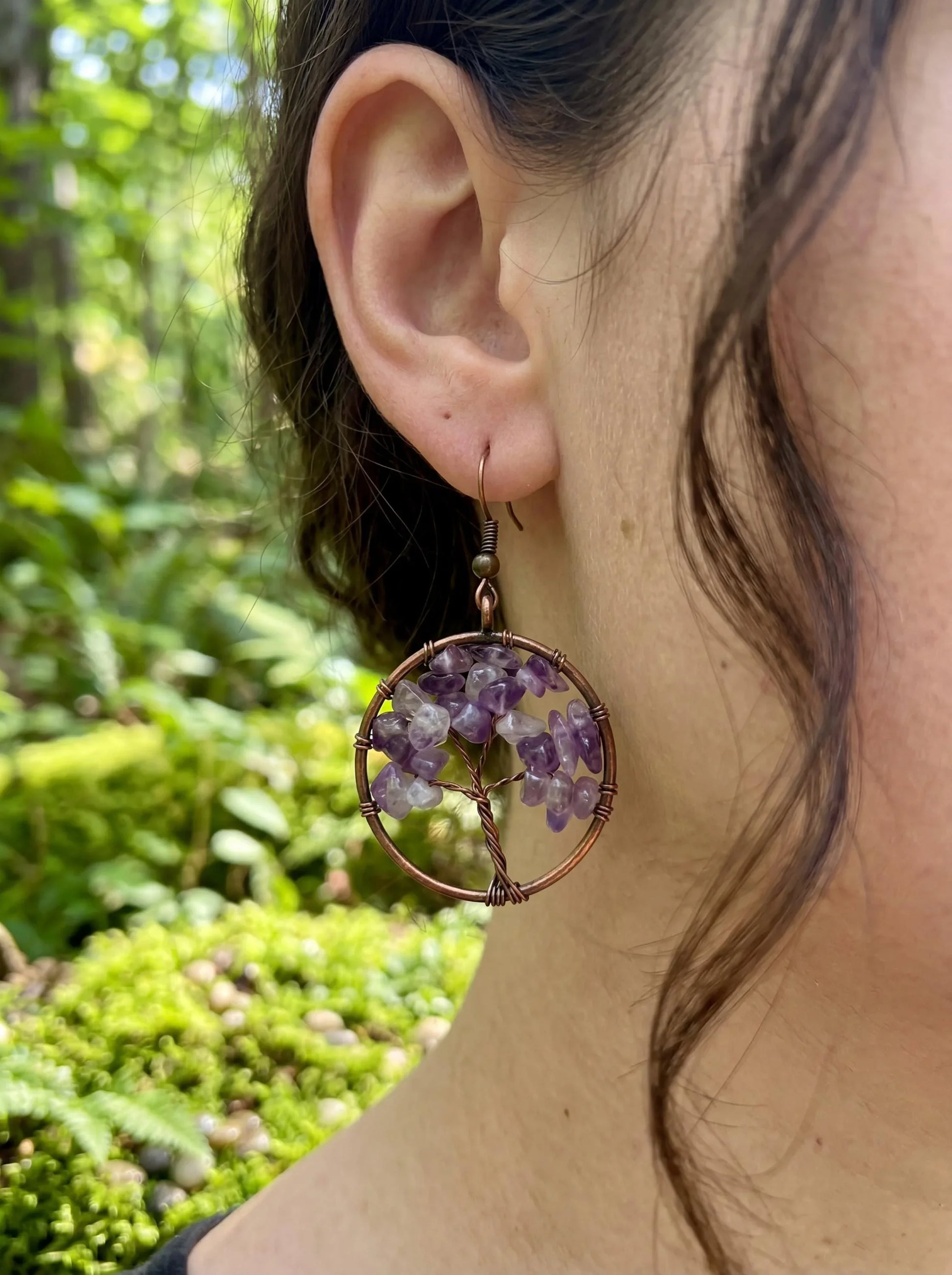 Wire-wrapped amethyst tree of life earring with copper hoop, nature-inspired boho jewelry