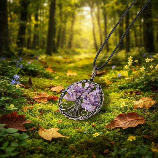 Natural Stone Wire-Wrapped Tree of Life Pendant Necklace -CS: Amethyst