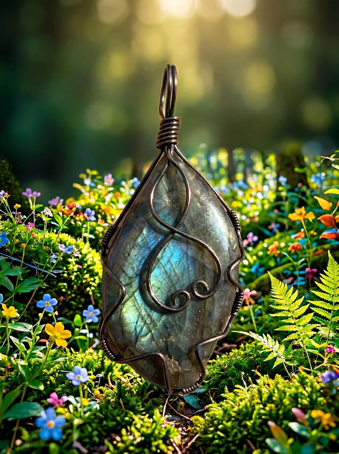 Wire-wrapped labradorite pendant with swirling design, nestled in moss and wildflowers.