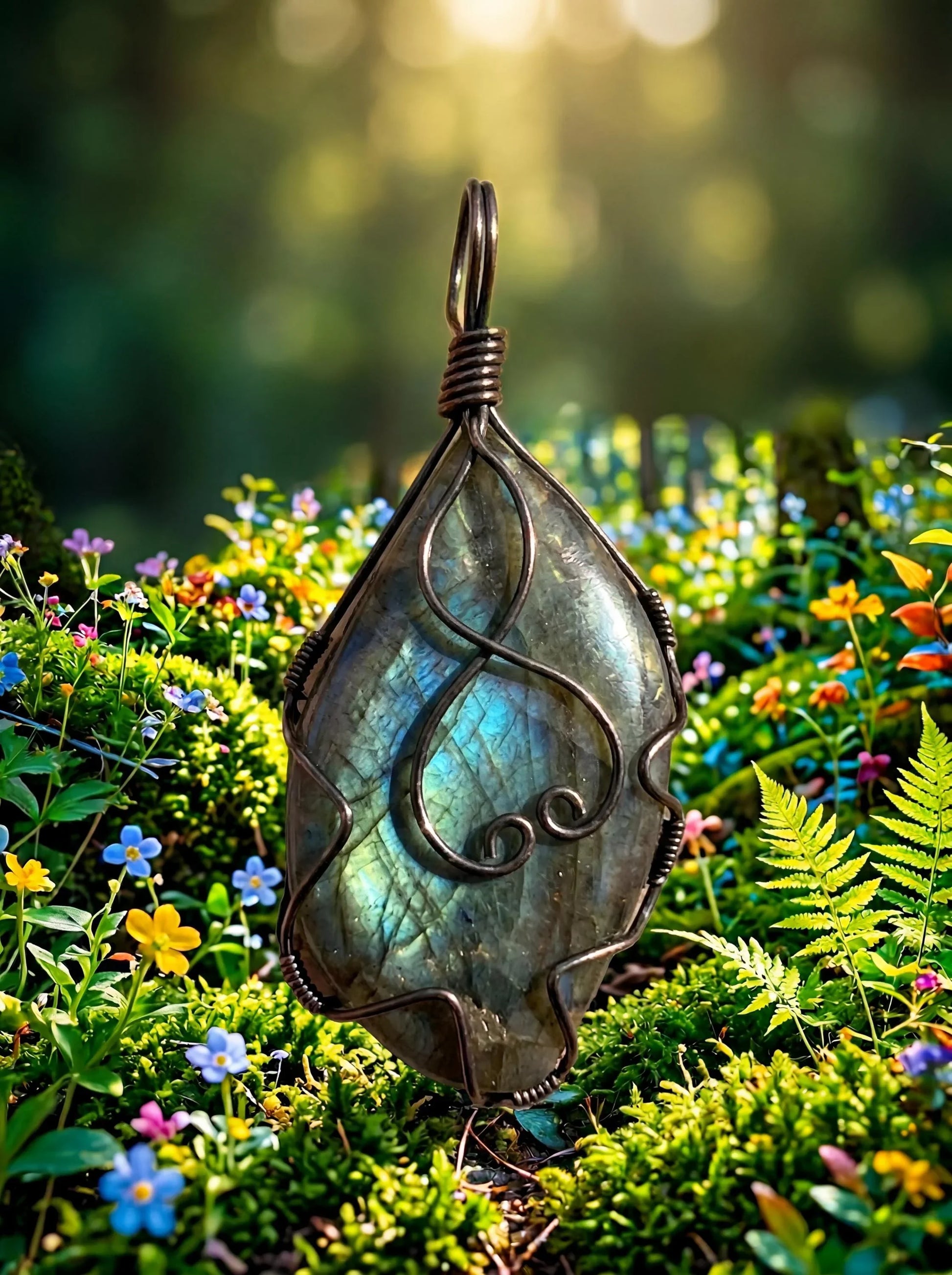Wire-wrapped labradorite pendant with swirling design, nestled in moss and wildflowers.