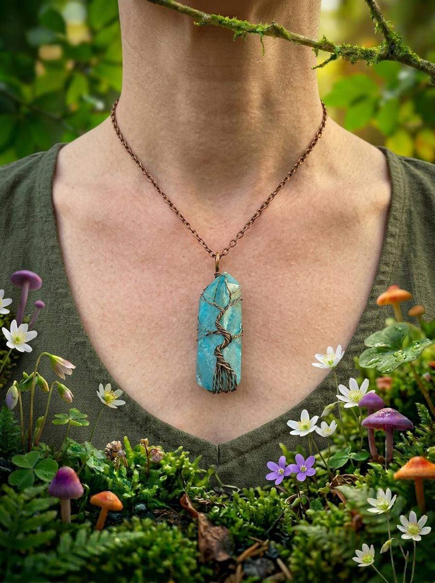 Wire-wrapped turquoise pendant necklace with tree design, worn in a forest setting with mushrooms and flowers.