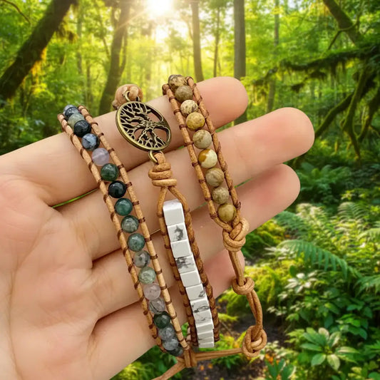 Tree of Life Charm Stone Beads Woven Three-Circle Bracelet - CS