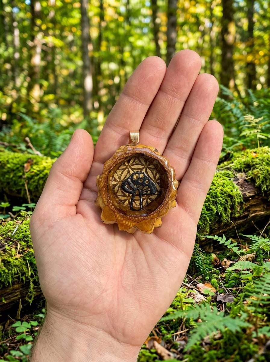 Mushroom Golden Flower of Life Pinecone Pendant