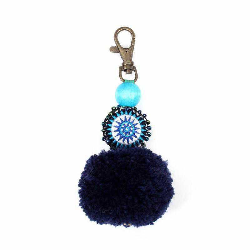Pom Pom Zipper Pull Keychain Boho Bag Charm Lobster Clasp Fair Trade - Thailand