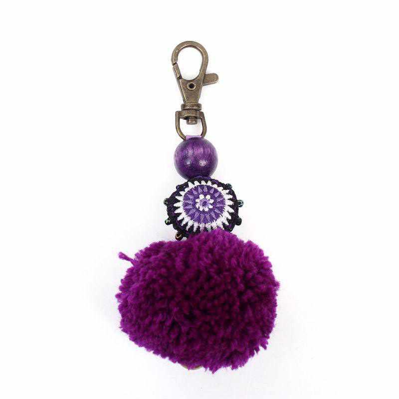 Pom Pom Zipper Pull Keychain Boho Bag Charm Lobster Clasp Fair Trade - Thailand
