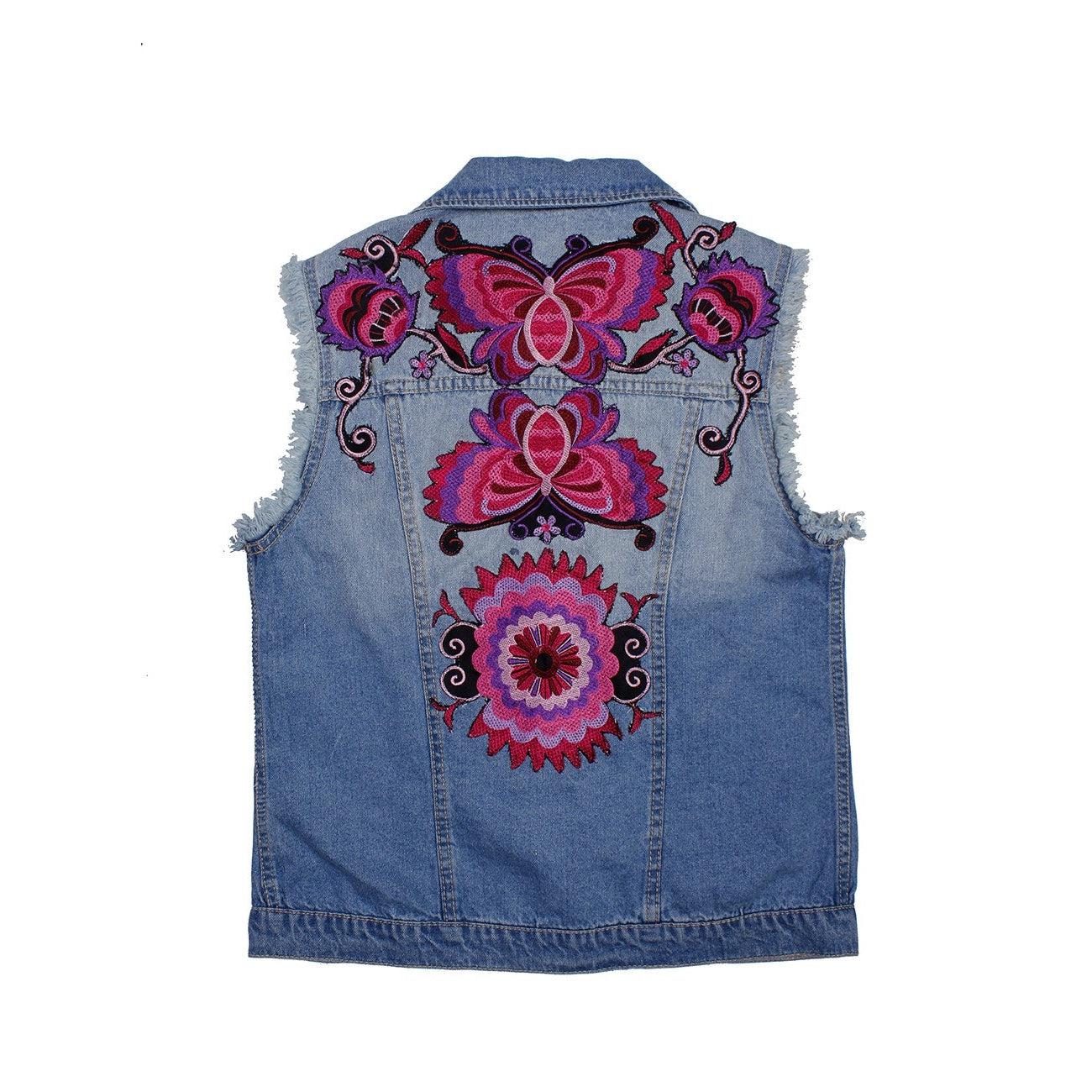 One of Kind Demin Embroidered Vest with Upcycled Hmong Fabrics - Thailand