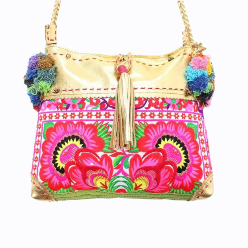 Handmade Gold Leather Crossbody Bag with Hmong Textile, Boho Pom Pom Tassel Purse, Tribal Ethnic Fair Trade Bag from Thailand