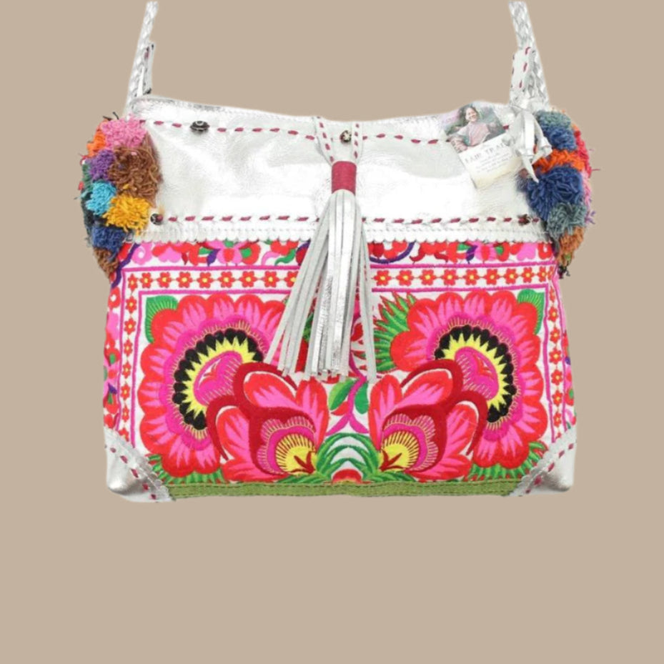 Handmade Gold Leather Crossbody Bag with Hmong Textile, Boho Pom Pom Tassel Purse, Tribal Ethnic Fair Trade Bag from Thailand