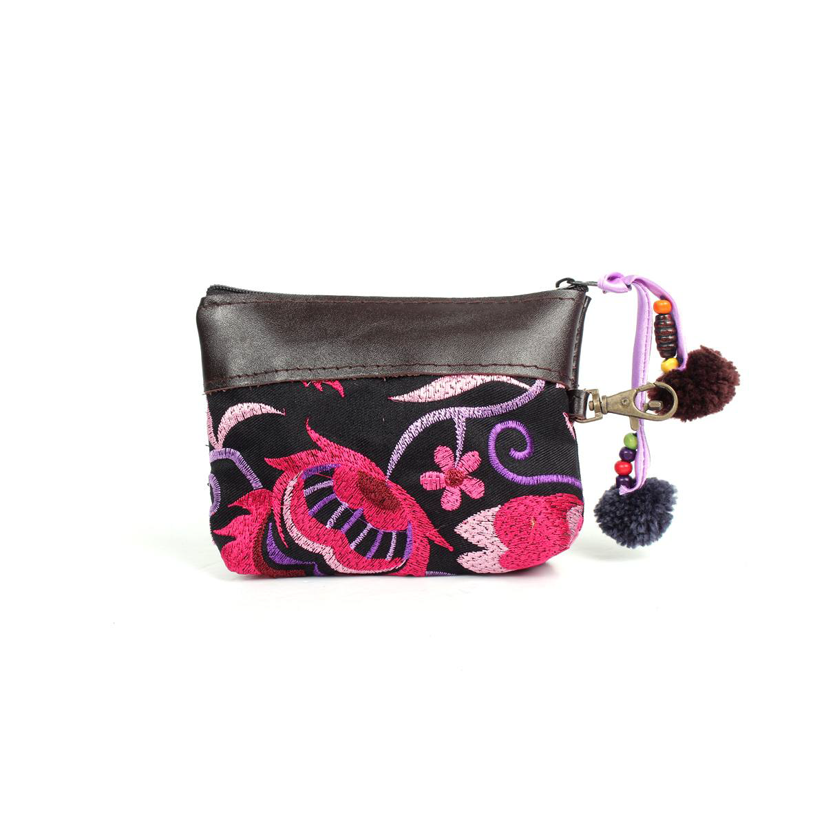 Embroidered Coin Purse Leather Trim Boho Zip Pouch Keychain Wallet Fair Trade - Thailand