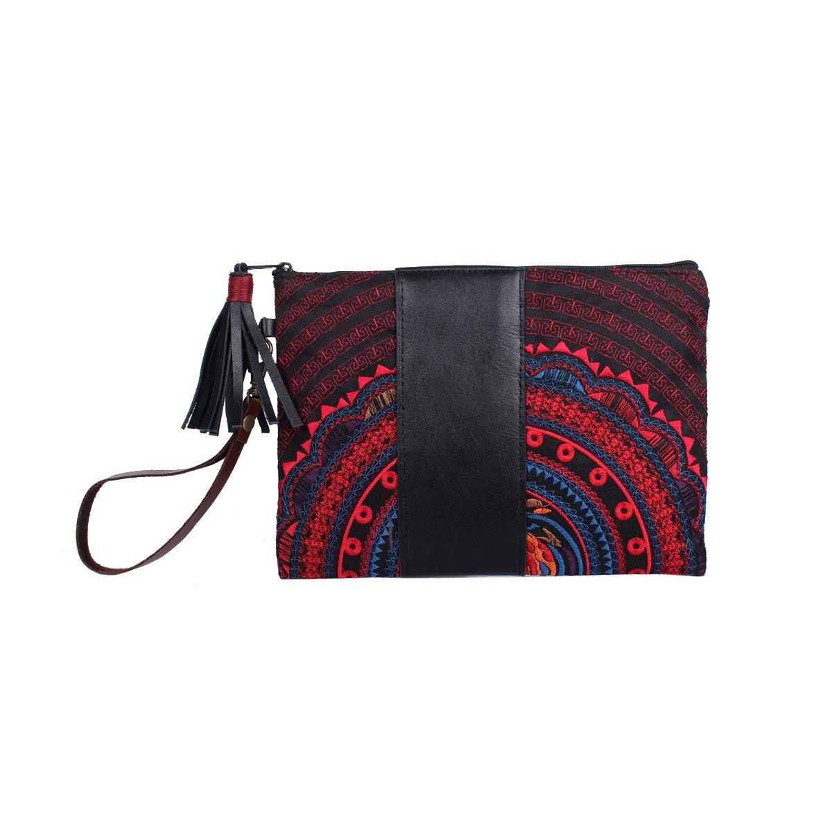 Sugar Skull and Tribal Wristlet with Leather Trim - Thailand