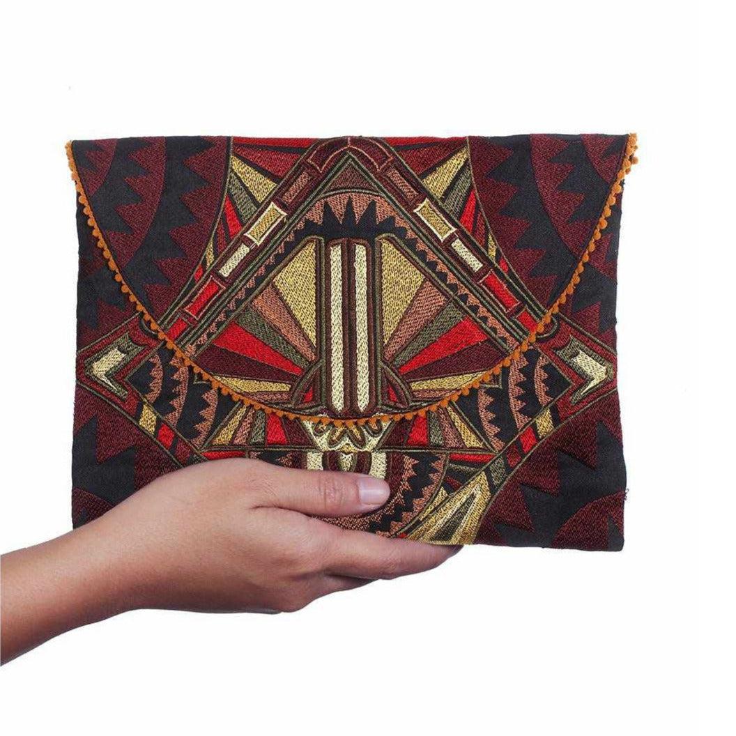 Tribal Embroidered Clutch Pompom Bag- Thailand