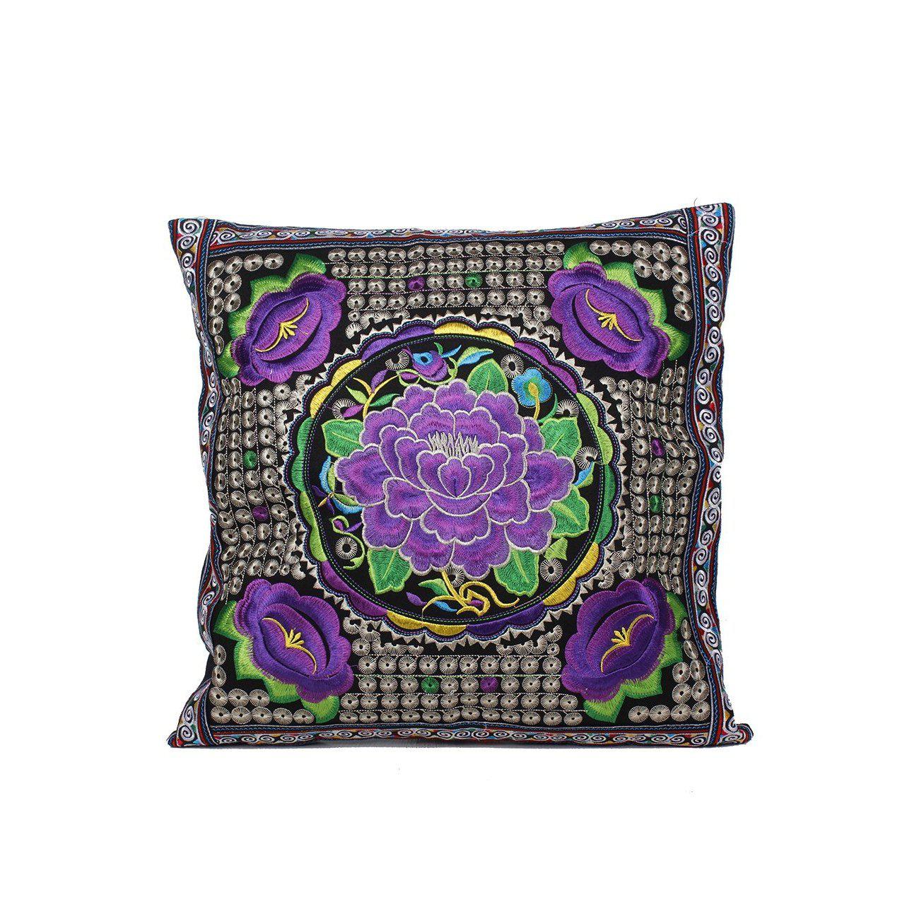 Hmong Embroidered Floral Pillow Cover - Thailand
