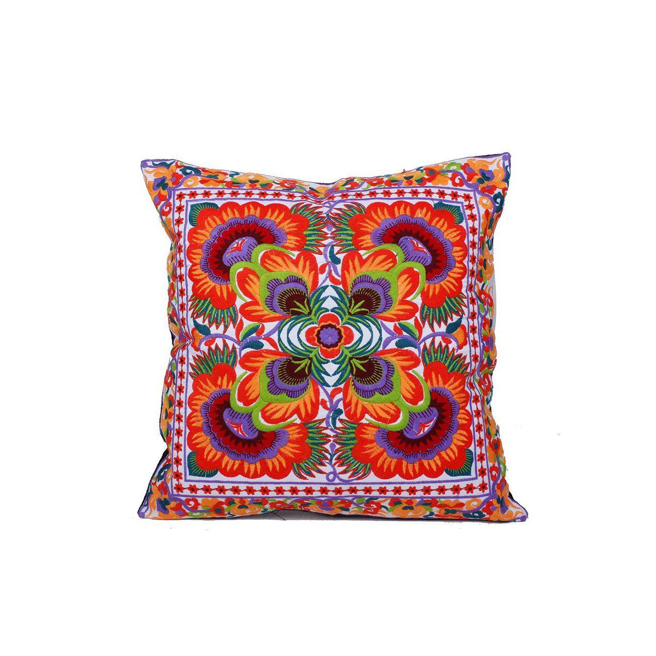 Hmong Embroidered Floral Pillow Cover - Thailand