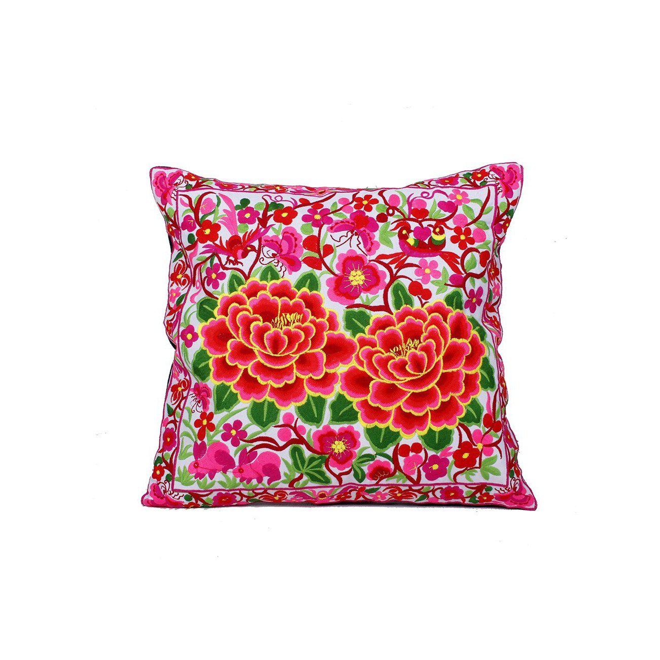 Hmong Embroidered Floral Pillow Cover - Thailand