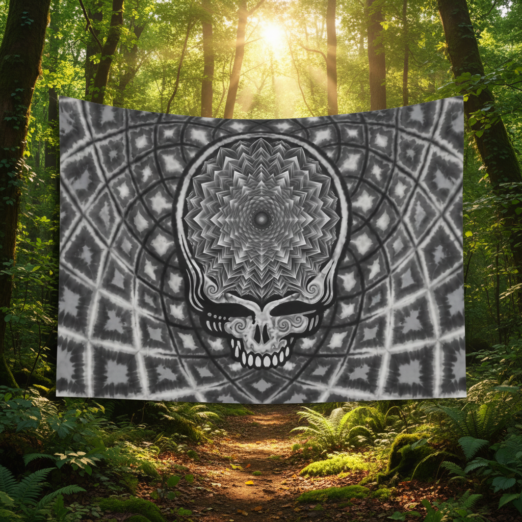 A monochrome tapestry that features a stealie with a mandala inside it’s head