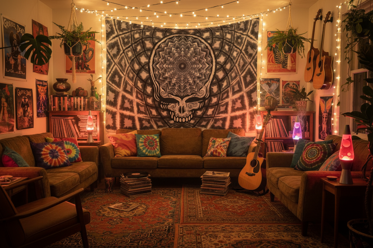 Black Gray Skull Mandala Tapestry