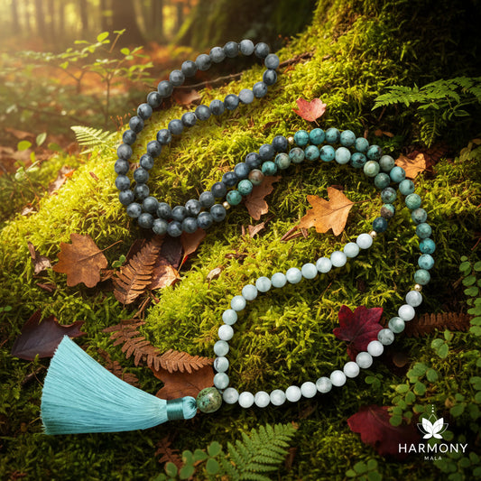 Lucky Jasper, African Turquoise, and Larvikite Mala Necklace: Knotted Mala Necklace