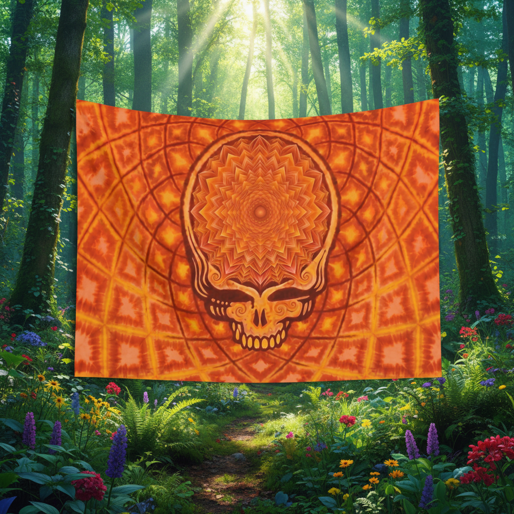 Orange Psychedelic Skull Wall Tapestry