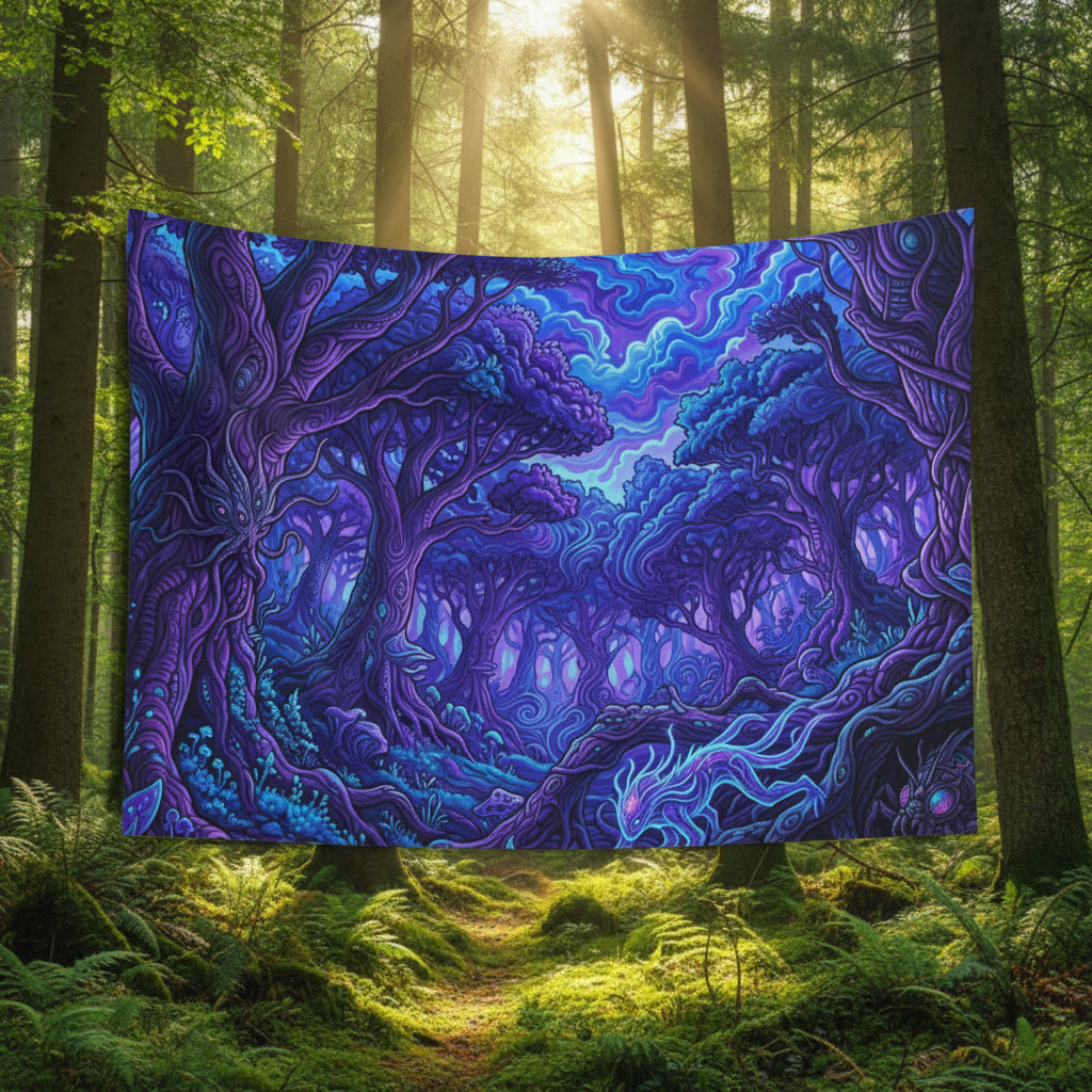 Vibrant tapestry with a fantasy forest design in purple and blue hues on a white background.