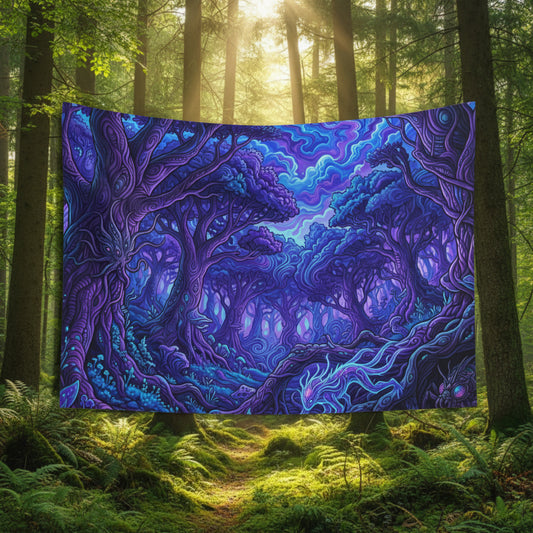 Vibrant tapestry with a fantasy forest design in purple and blue hues on a white background.