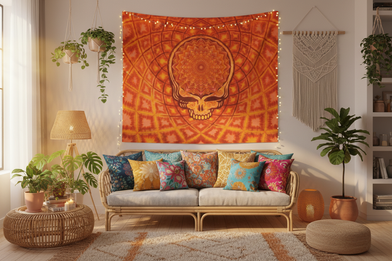 Orange Psychedelic Skull Wall Tapestry