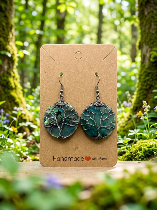Wire Wrapped Tree of Life Earrings – Abalone Shell Boho Dangle Earrings – Handmade Artisan Statement Jewelry Gift