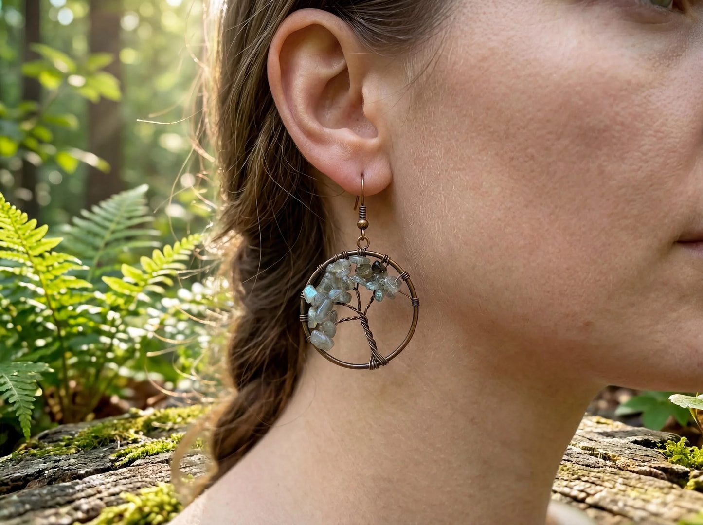 Wire Wrapped Tree of Life Earrings – Labradorite Boho Dangle Earrings – Handmade Crystal Jewelry Gift for Her
