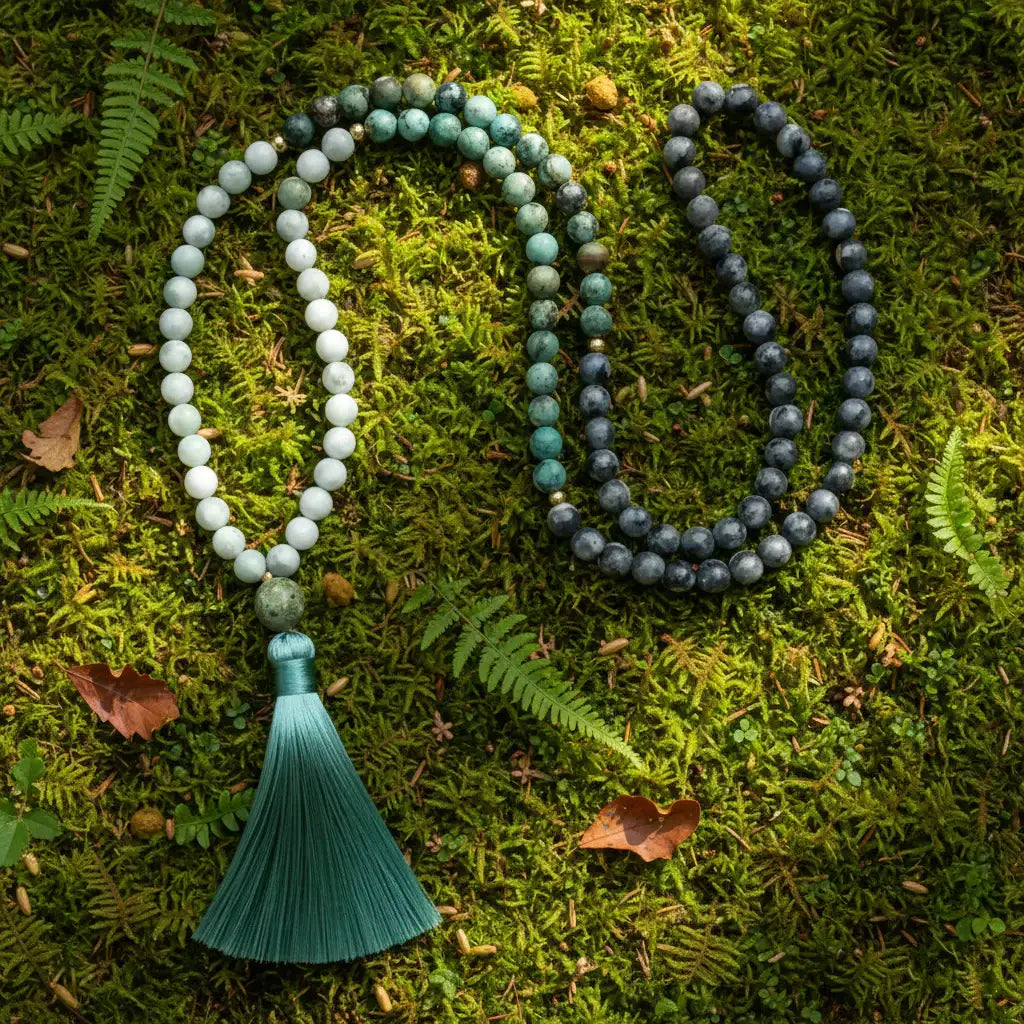 Lucky Jasper, African Turquoise, and Larvikite Mala Necklace: Knotted Mala Necklace
