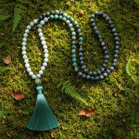 Lucky Jasper, African Turquoise, and Larvikite Mala Necklace: Knotted Mala Necklace