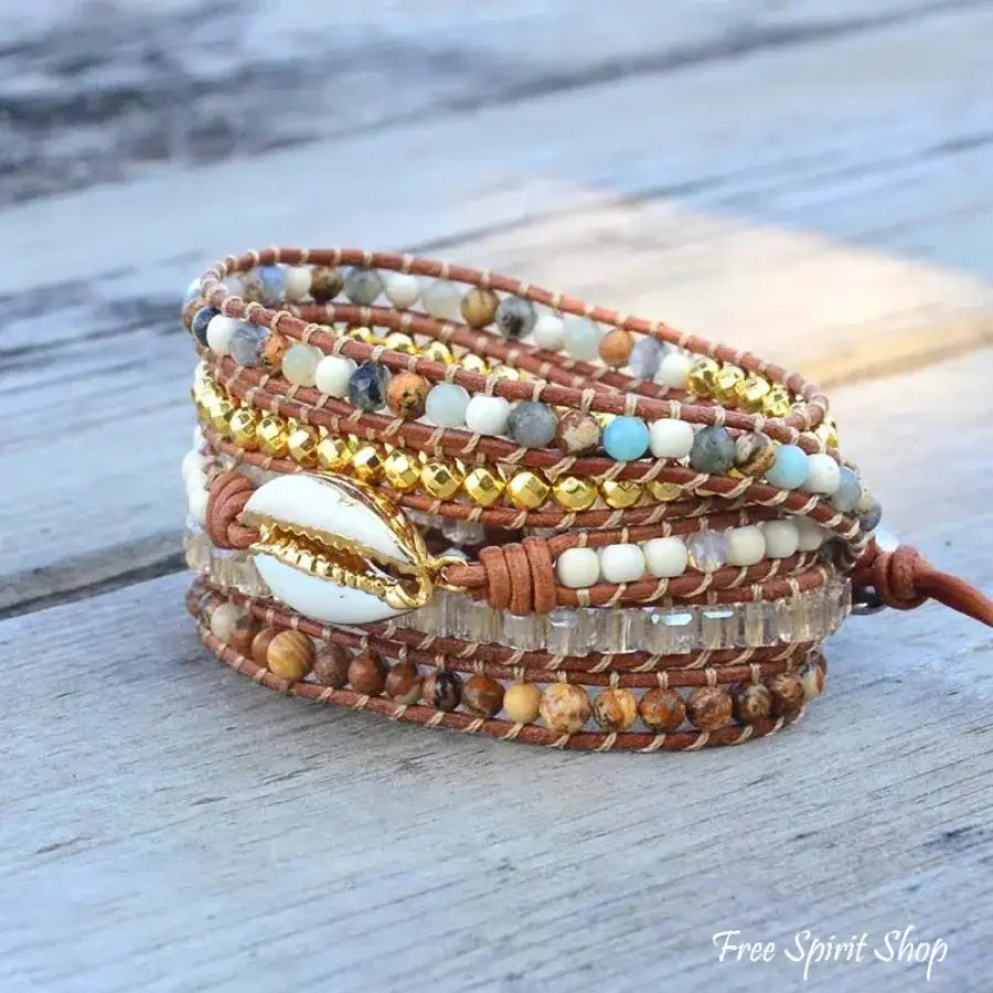 Natural Picture Jasper Stone & Seashell Bead Wrap Bracelet