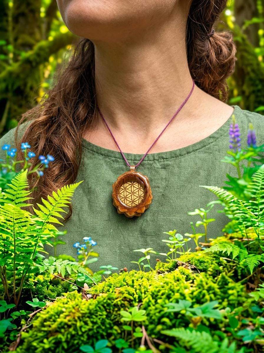 Handcrafted pinecone pendant with sacred geometry, worn in a lush forest setting