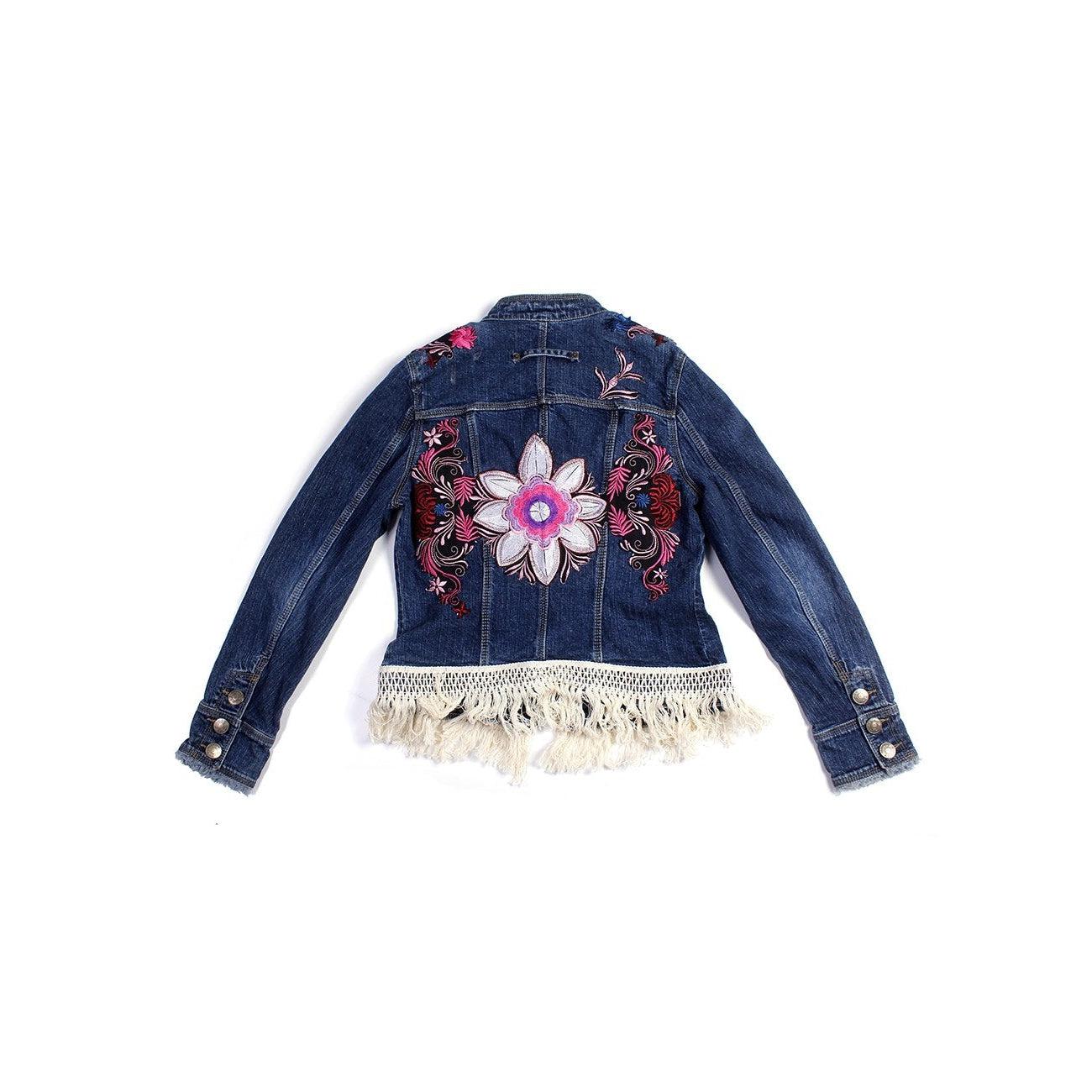One-of-a-Kind Embroidered Tween Flower Denim Fringe Jacket - Thailand