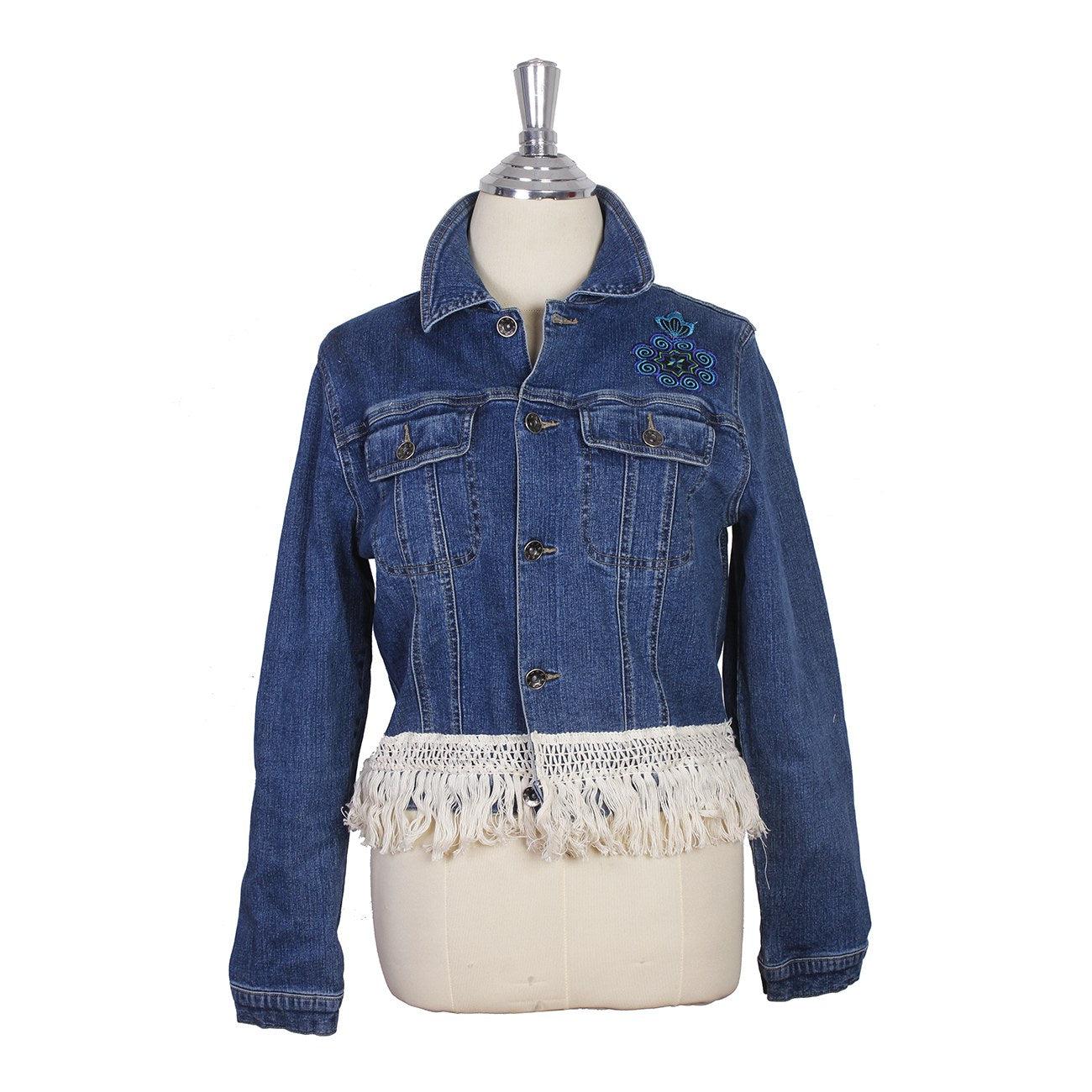 One-of-a-Kind Embroidered Tween Flower Denim Fringe Jacket - Thailand