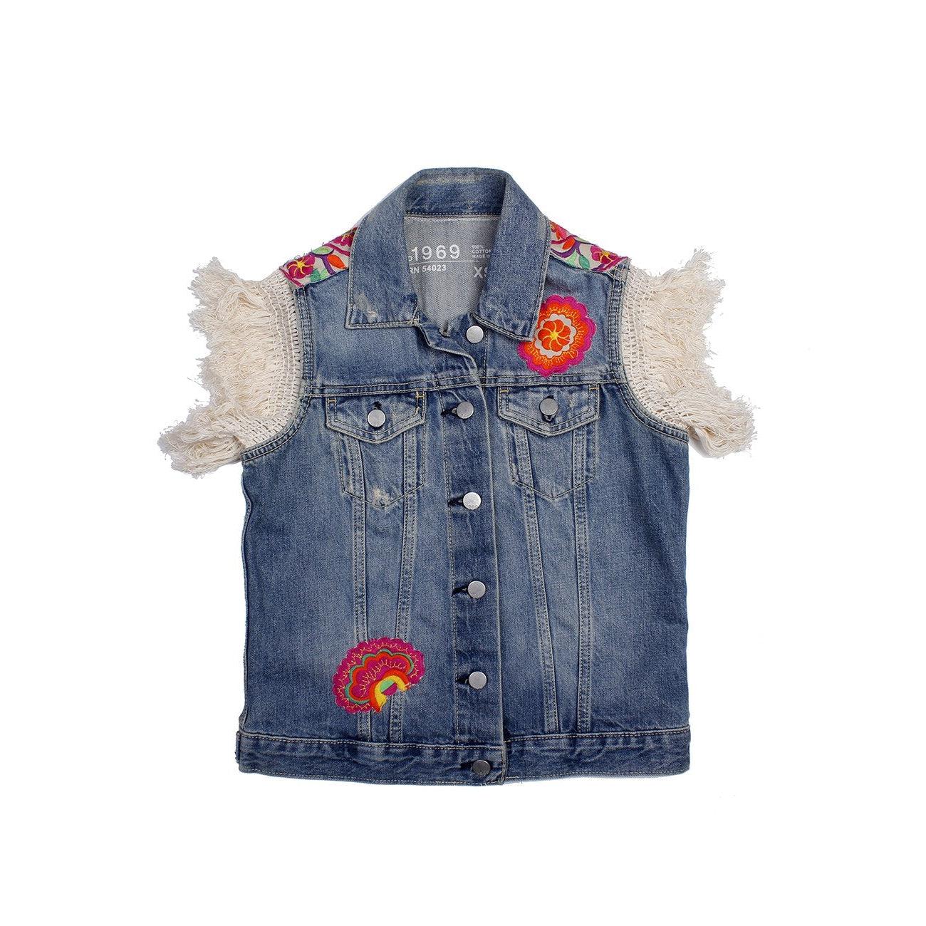 One of Kind Demin Embroidered Vest with Upcycled Hmong Fabrics - Thailand