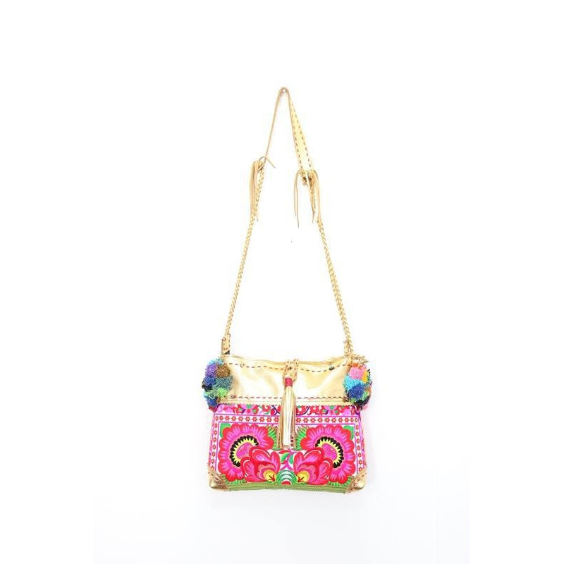 Handmade Gold Leather Crossbody Bag with Hmong Textile, Boho Pom Pom Tassel Purse, Tribal Ethnic Fair Trade Bag from Thailand