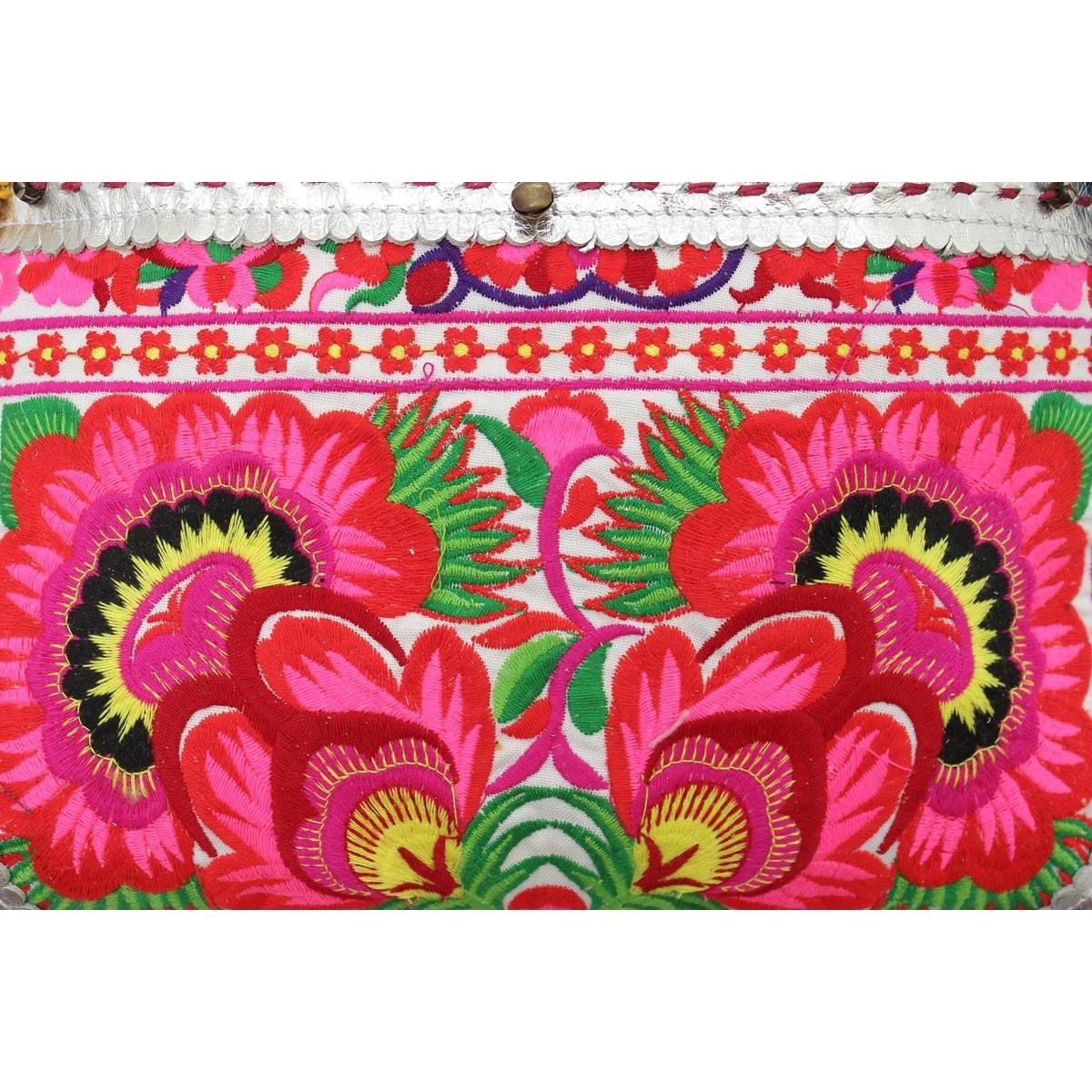 Handmade Gold Leather Crossbody Bag with Hmong Textile, Boho Pom Pom Tassel Purse, Tribal Ethnic Fair Trade Bag from Thailand