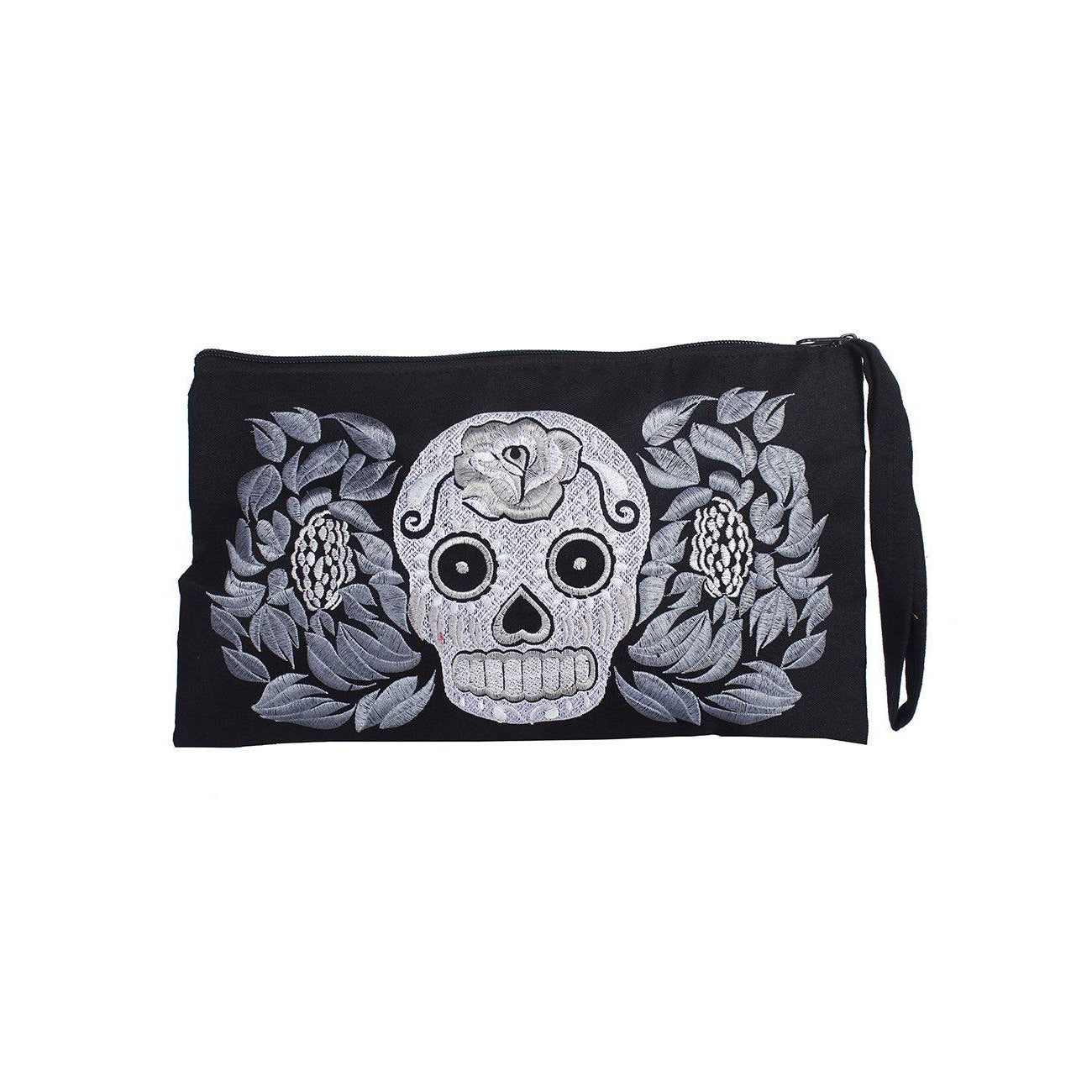 Sugar Skull Embroidered Wristlet Clutch Boho Day of the Dead Purse Fair Trade - Thailand