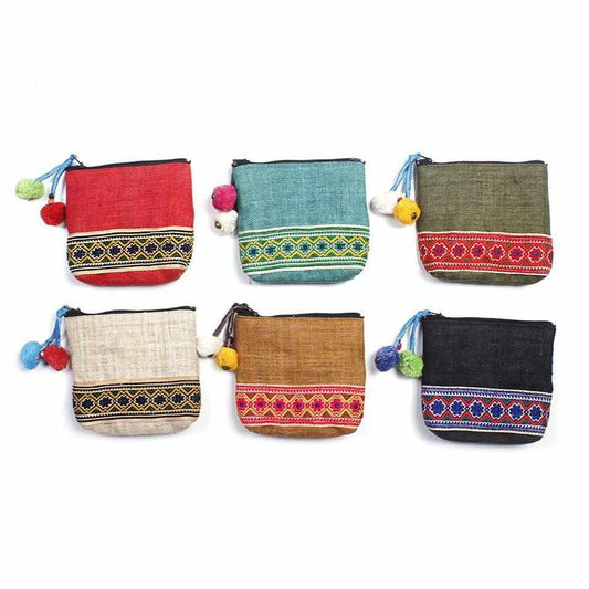Hemp and Textile Boho Coin Purse with Pompoms - Thailand
