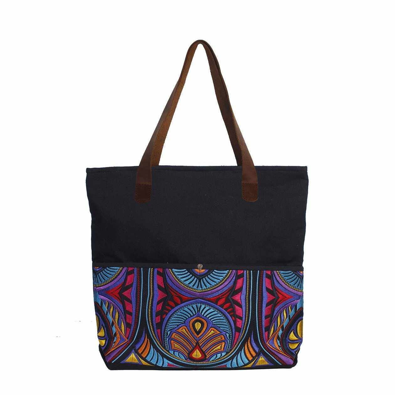 Leather Embroidered Texile Hmong Tote - Thailand