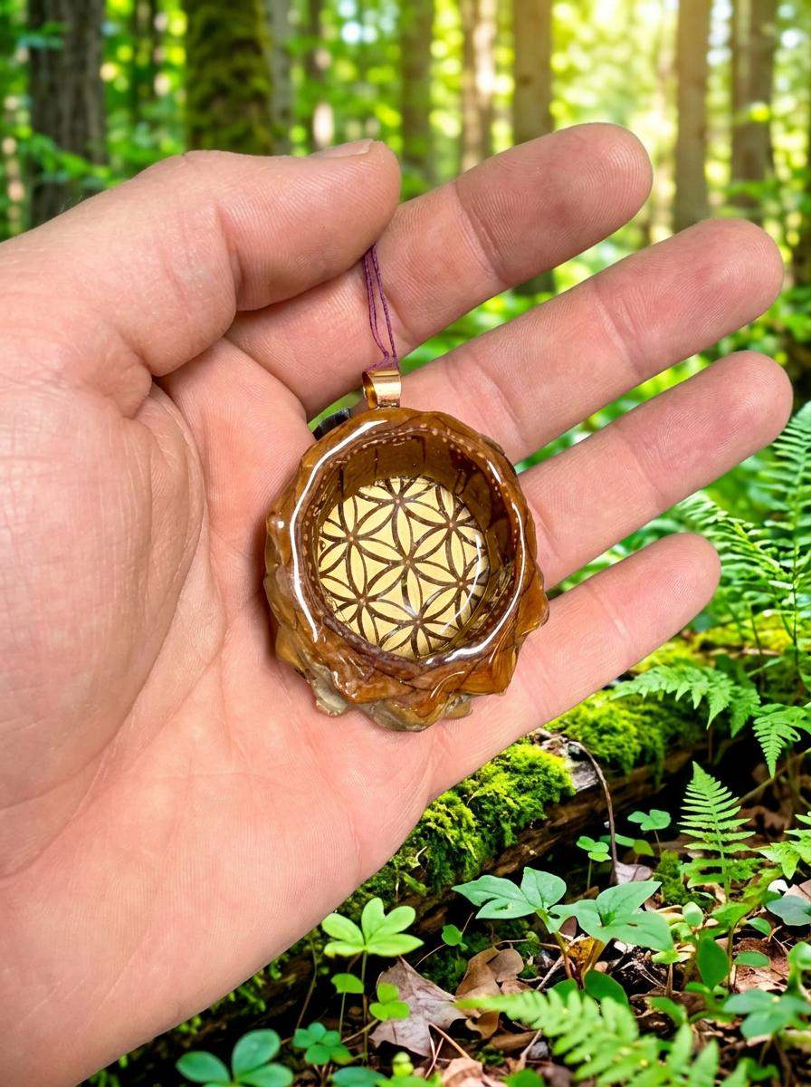 Hand holding resin pinecone pendant with flower of life design, forest background