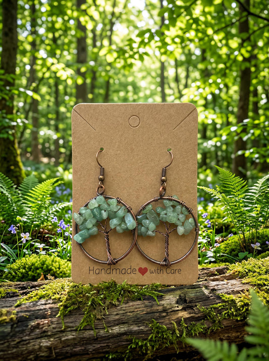 Wire Wrapped Tree of Life Earrings – Green Aventurine Boho Dangle Earrings – Handmade Nature Jewelry Gift for Her
